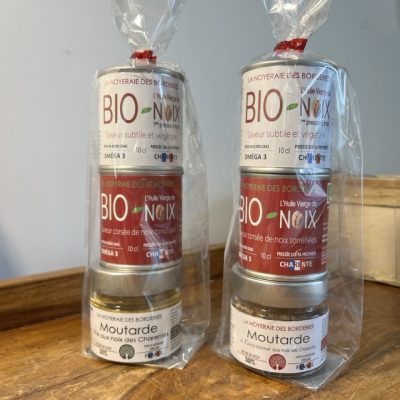 Coffret Trio du Chef : huiles vierges de noix bio et moutarde aux noix, La Noyeraie des Borderies
